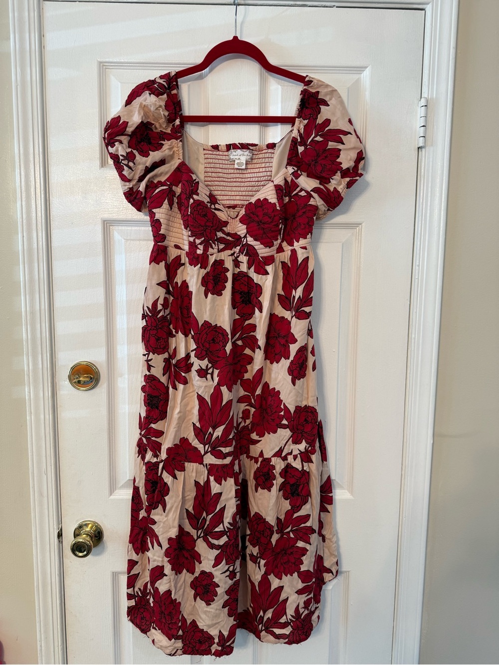 Smocked Bodice Midi Dress with Red Floral Print on Cream
